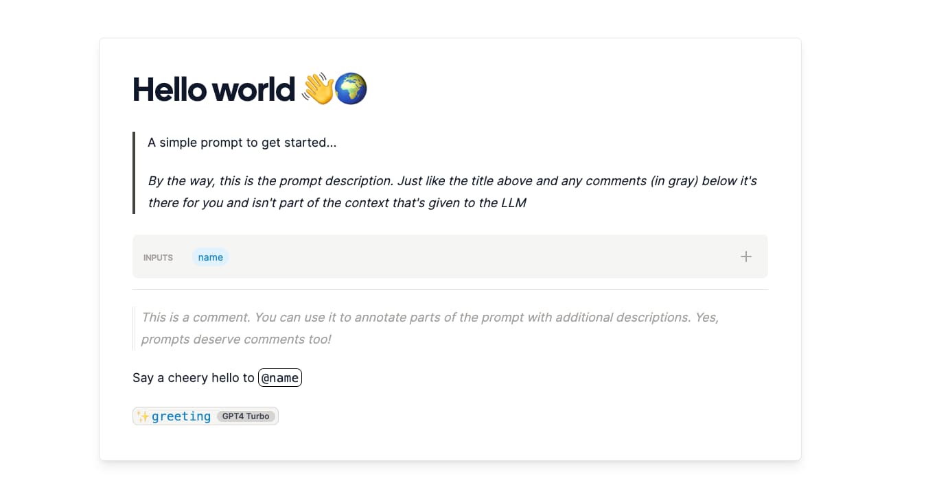 An example Hello World Wordware prompt