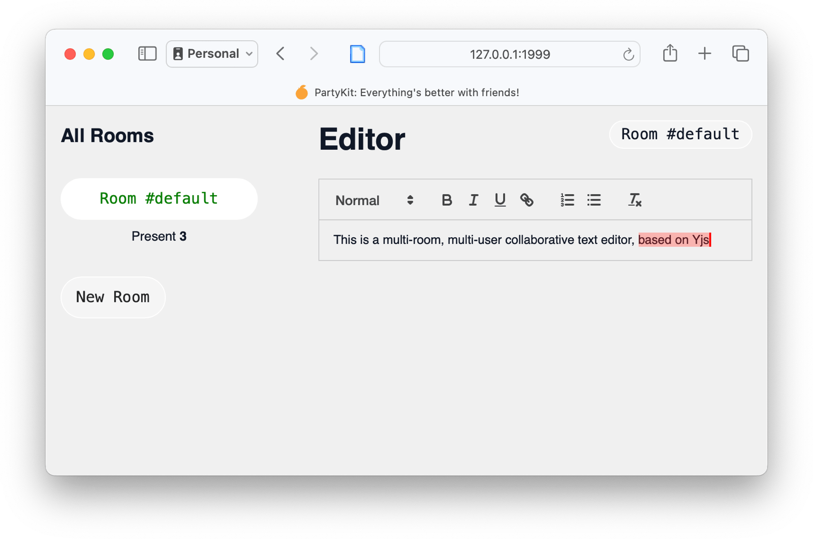 A text editor showing text highlighted by a remote user and a rooms navigator