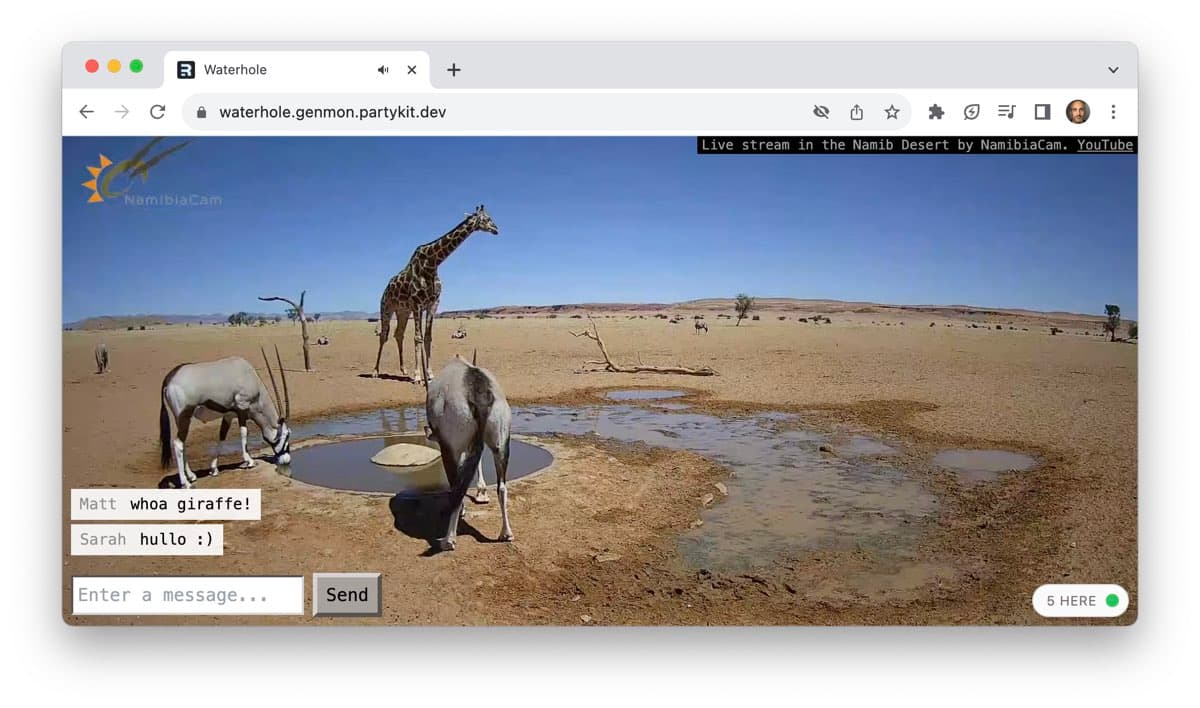 Website screenshot showing a desert waterhole with antelope and a giraffe. There's a chat interface in the corner.